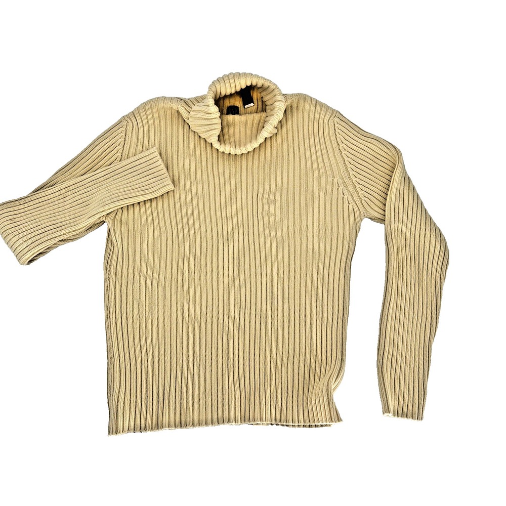 Vintage 90s Y2K GAP Chunky Knit Turtleneck Yellow Heavy 100% Cotton Sweater Larg